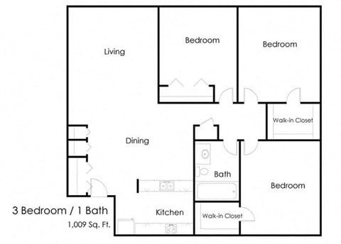 Floor plan for 3 beds, 1 bath, 1009 sqft